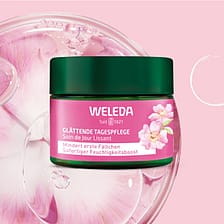 Weleda Glättende Tagespflege vor einer Wildrose