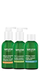 Cleanse Tone Routine Set, contents Make Up Cleansing Oil and Deep Cleansing Oil in a pumnp bottle and Refining Toner in a bottle.