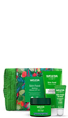 Skin Food Bedtime Beauty Gift Set including Skin Food Night Cream, Cleansing Balm and Lip Balm in a green toiletery Bag.