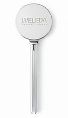 Metal tube squeezer key with Weleda Natural Science branding, tool for efficiently dispensing skincare or toothpaste from tubes.