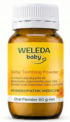Weleda Baby Teething Powder60g bottle with yellow label, white cap, and ingredient details including Matricaria chamomilla and oyster shell. Homoeopathic medicine for babies.