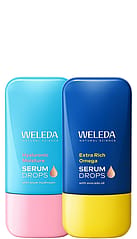 Weleda Serum Booster Drops Hydration & Nourish Set, featuring Hyaluronic Moisture Serum Drops with snow mushroom and Extra Rich Omega Serum Drops with avocado oil, delivers deep hydration and nourishment for glowing, healthy skin.