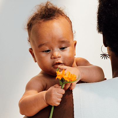 Bébé joue avec une fleur de calendula sur le bras de sa mère