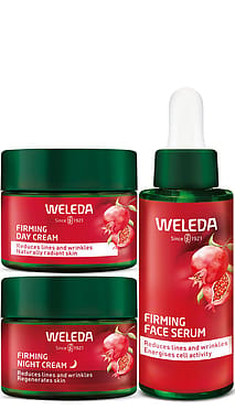 Pomegranate Face Care Day-Night Set with Firming Day-and Night Creme in a Jar and Firming Face Serum in a Dropper Bottle.