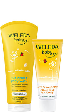 Calendula Baby Essentials Set with Shampoo and Body Wash and Nappy Change Cream.