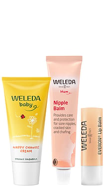 Maternity Bag Essentials Set with Nappy Change Cream, Nipple Balm and Everon Lip Balm.