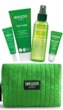 Discover the Weleda Skin Food Prep & Go Set, featuring nourishing skincare essentials and a vibrant green travel pouch—perfect for hydrating dry skin and maintaining a healthy glow on the go.