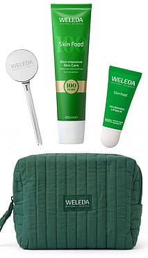 Weleda Skin Food Limited Edition set includes Skin Food 100ml, Skin Food Lip Balm, dark green organic cotton toiletry bag and tube squeezer key.