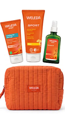 Arnica Sport Body Care Set contains Arnica Massage Oil, Sport Shower Gel and Cooling Gel with a orange toiletry bag.