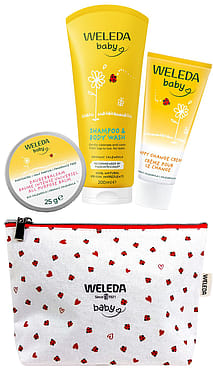 Calendula Baby Gift set contains toiletry bag with lady birds, Calendula Nappy Change Cream, Body Wash and All Purpose balm for on-the-go skincare.