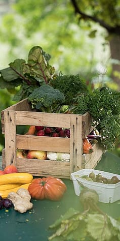 Fruits and vegetables in a crate.