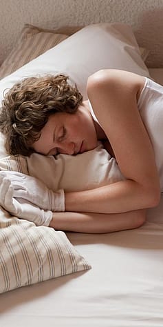 Sich schlafen legen mit den den Baumwoll Handschuhen für eine nachhaltige Pflege