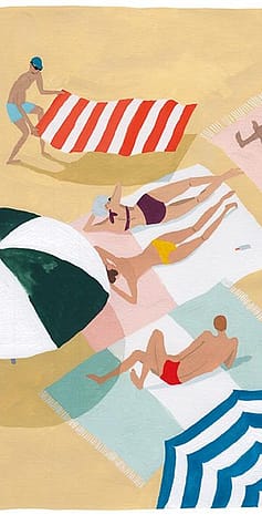 Illustrerad bild uppifrån på folk på stranden