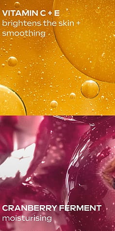 närbild på ingredienser , vitamin c + e och körsbärs extrakt