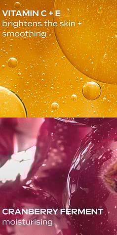 närbild på ingredienser , vitamin c + e och körsbärs extrakt