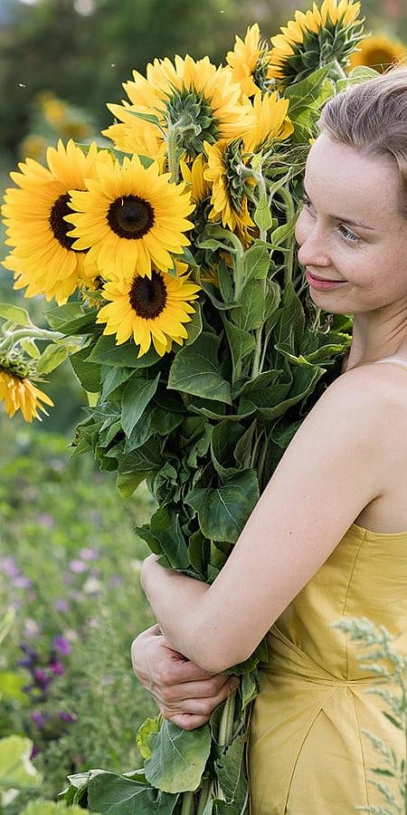Ragazza tiene in mano un mazzo grande di girasoli