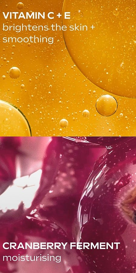 närbild på ingredienser , vitamin c + e och körsbärs extrakt