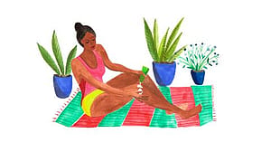 illustration where a woman sitting on a colorful mat, applying lotion to her legs.