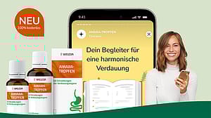 Amara Tropfen, Smart Phone mit "Dein Begleiter für eine harmonische Verdauung", lächelnde Frau
