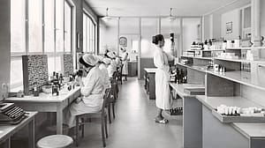 historische foto in zwart wit van WELEDA apotheek