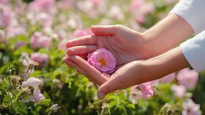 Wildrosenblüte in Händen