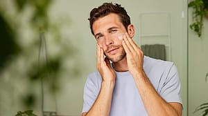 Man in bathroom looking at his face.