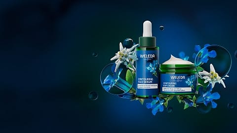 Sérum y crema de día de genciana azul junto a los ingredientes principales: genciana azul y edelweiss