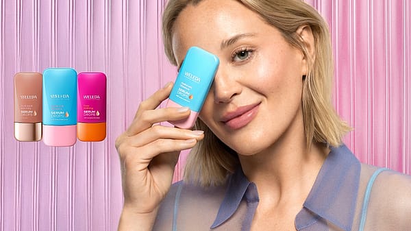 Bild på booster drops serum och en kvinna som smörjer in ansiktet