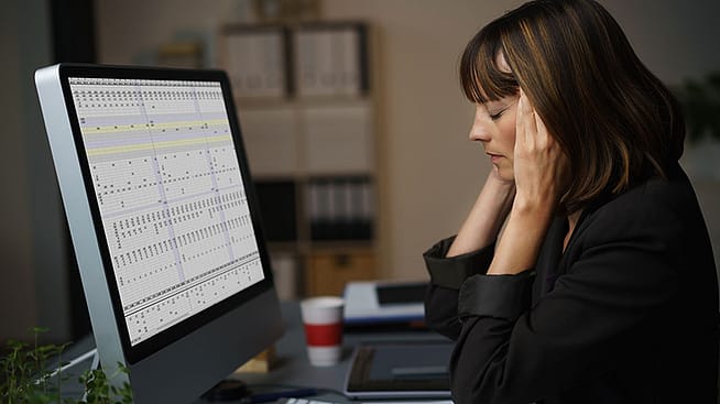 Frau mit Kopfschmerzen vor dem Laptop