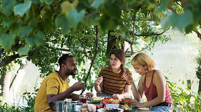 Zwei Frauen und ein Mann sitzen in der Natur an einem gedeckten Tisch und essen, dahinter ist ein See zu sehen
