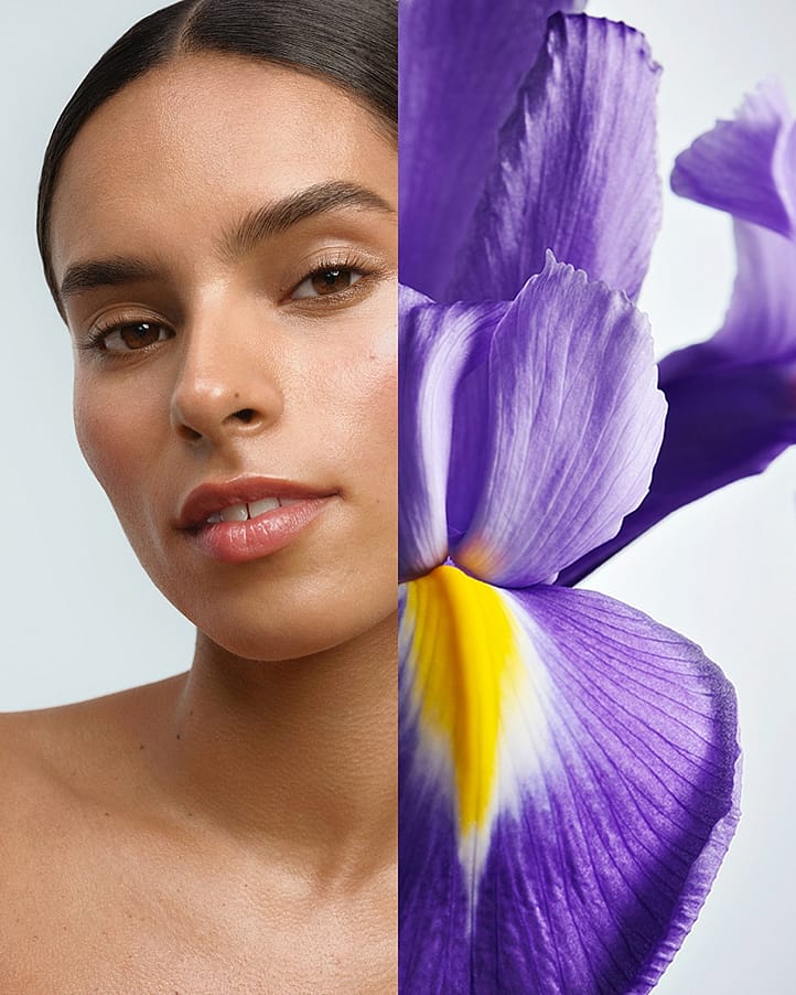 Split Image, links das Gesicht einer Frau mit dunklem Haar, rechts eine Irisblüte