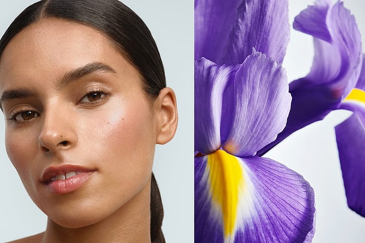 Split Image, links das Gesicht einer Frau mit dunklem Haar, rechts eine Irisblüte