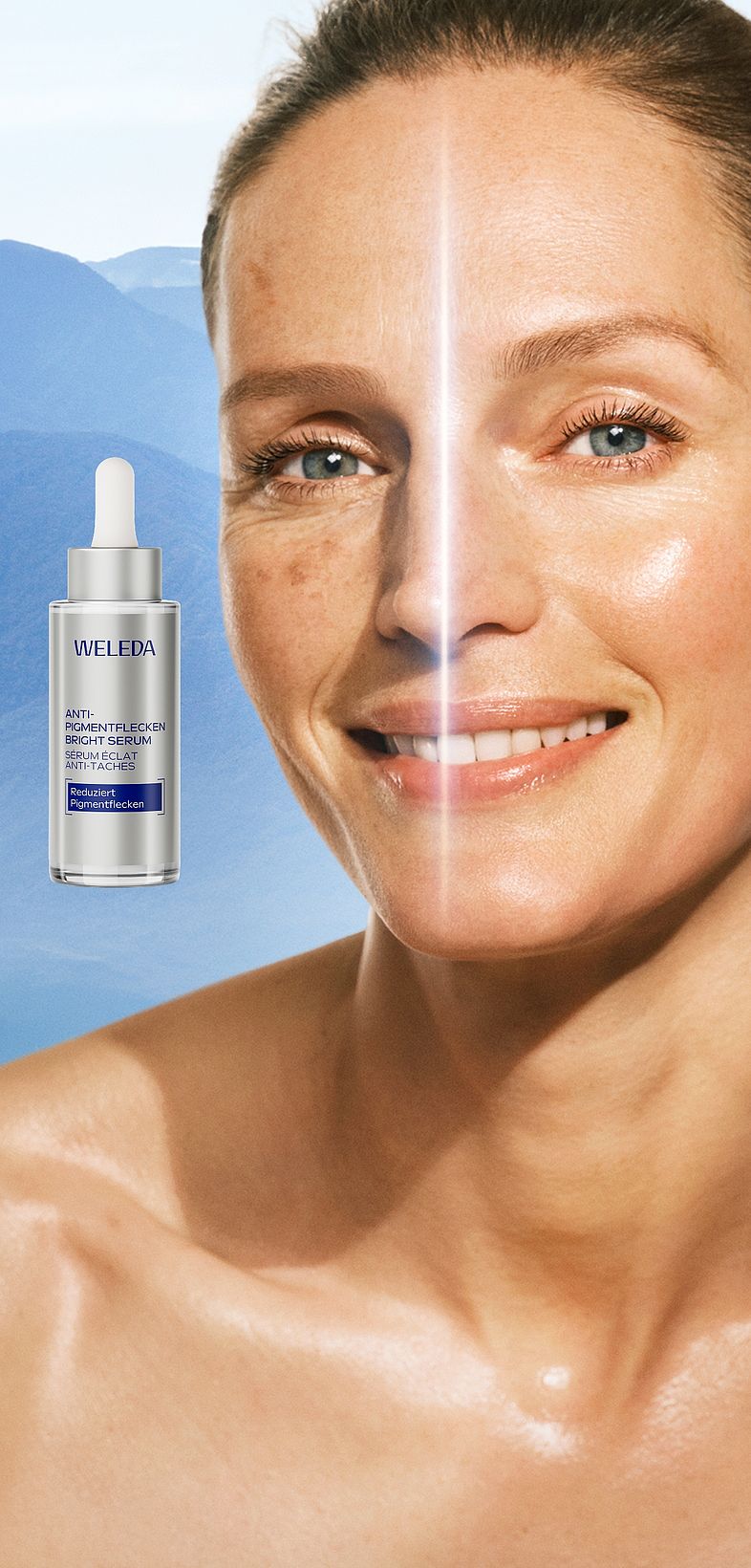 Frau vor Hintergrund der Schweizer Alpen. Außerdem Abbildung des neuen Weleda Bright Anti-Pigmentflecken Serums