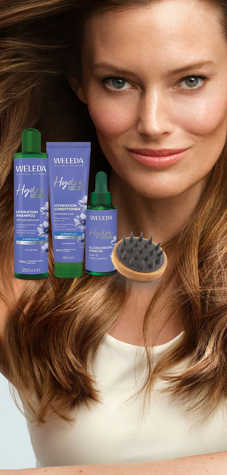 Model mit glänzenden schönen Haaren und Hydra Shine Serie