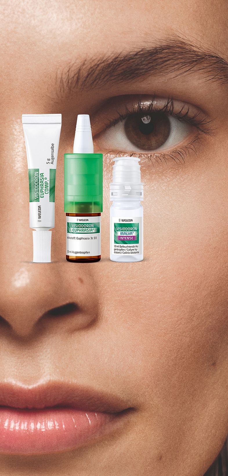 Vorderansicht einer Frau mit neutralem Gesichtsausdruck sowie Weleda Visiodoron Augenprodukten