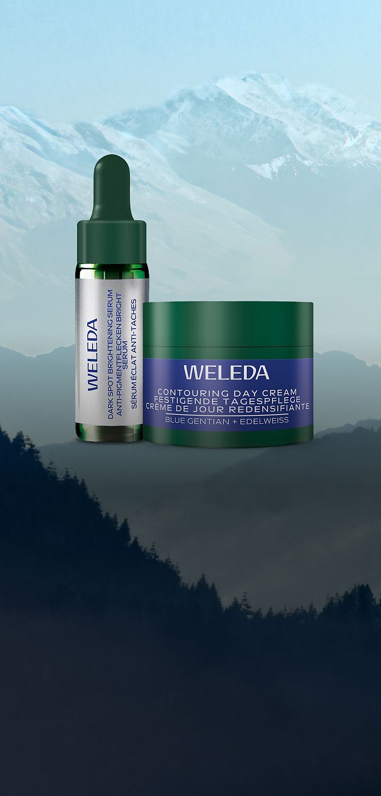 Visage d'une femme avec Mini Sérum Éclat Anti-taches pigmentaires Gentiane bleue 10 ml & Mini Soin de jour raffermissant Gentiane bleue & Edelweiss 10 ml.