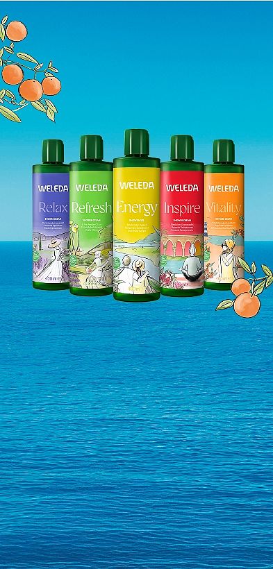 Weleda Duschen in 400ml Größe vor maritimem Hintergrund.