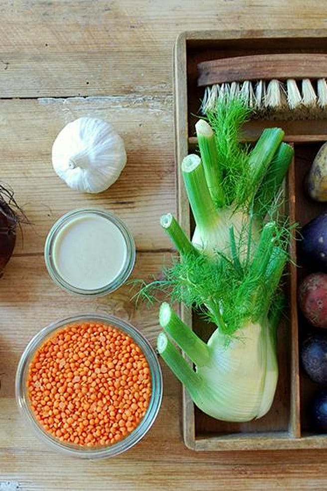 Auf einem Tisch liegen Fenchel, Karotten, Linsen und andere Zutaten fuer das Gericht
