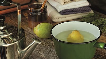 Kochtopf mit Zitrone und Tücher