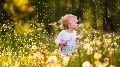 niño jugando con un diente de león en medio de la naturaleza