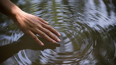 hands touching the surface of a lake