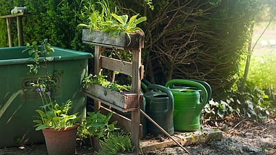 Giesskannen und ein Gartenregal in einem Garten