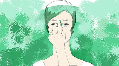 Illustration einer Frau, die mit drei Fingern zwischen den Augen drei Punkte in einem Dreieck beruehrt