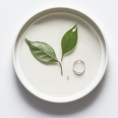 Des feuilles de thé blanc flottent dans une assiette remplie d'eau