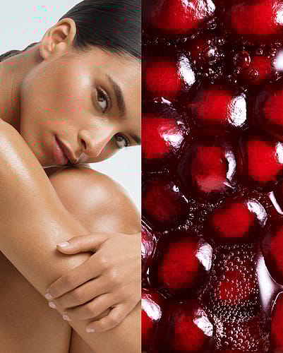 Split Image, auf der linken Seite eine Frau die mit den Armen ihre Knie umfasst, auf der rechten Seite Granatapfelsamen