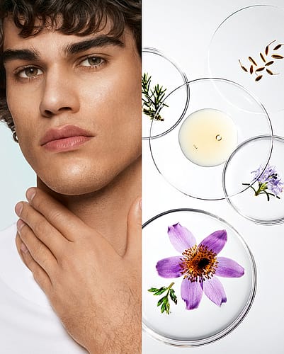 Split Image, links Mann, rechts Pflanzen