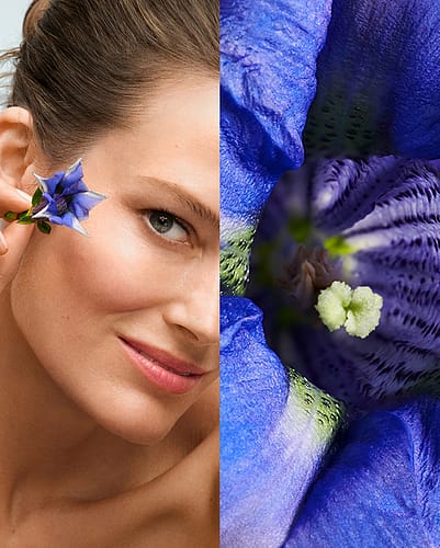 Split Image, links Gesicht einer Frau, rechts die Blüte vom blauen Enzian