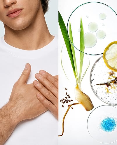 Image divisée, à gauche un homme pose ses mains sur sa poitrine, à droite des plantes