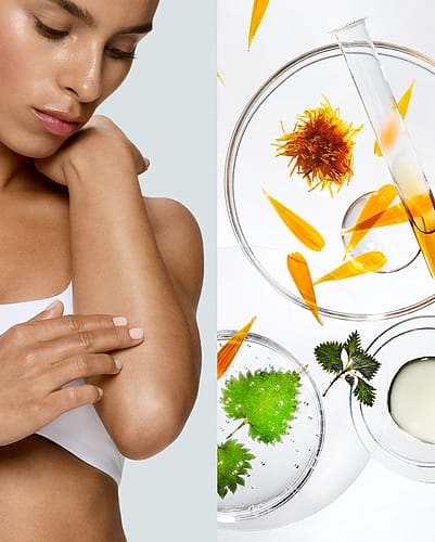 Split Image, links Frau die sich den Arm cremt, rechts verschiedene Pflanzen in Petrischalen