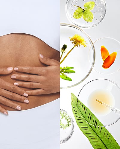 Split Image, links Frau die ihre Hände auf den Bauch legt, rechts verschiedene Pflanzen in Petrischalen